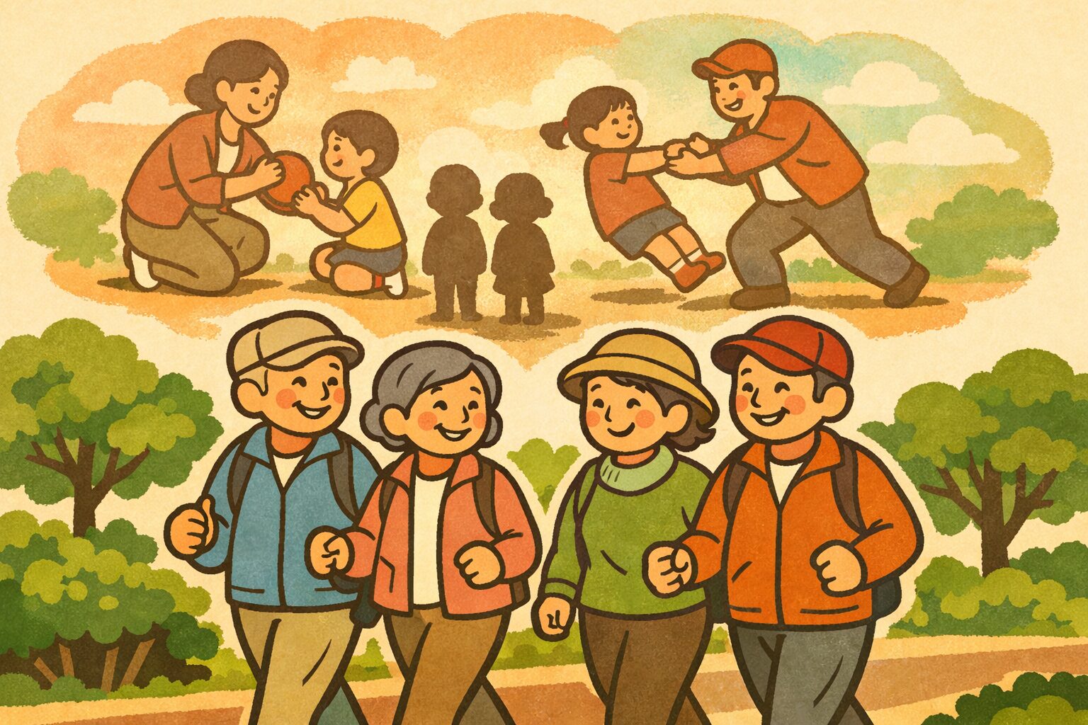 公園で友人と笑顔でウォーキングを楽しむ高齢男女と、空に浮かぶ子ども時代の記憶を象徴するシルエット。社会的交流と適度な運動による心身の健康とトラウマ克服を表現したイラスト。