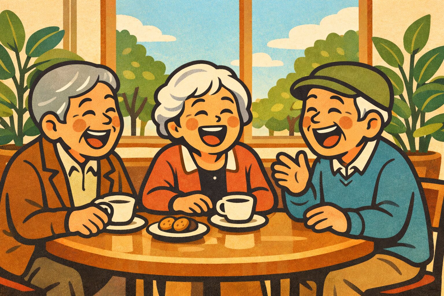 明るいカフェで笑顔で会話を楽しむ元気な高齢者3人のイラスト。シニアの社会交流と健康的な生活を表現。