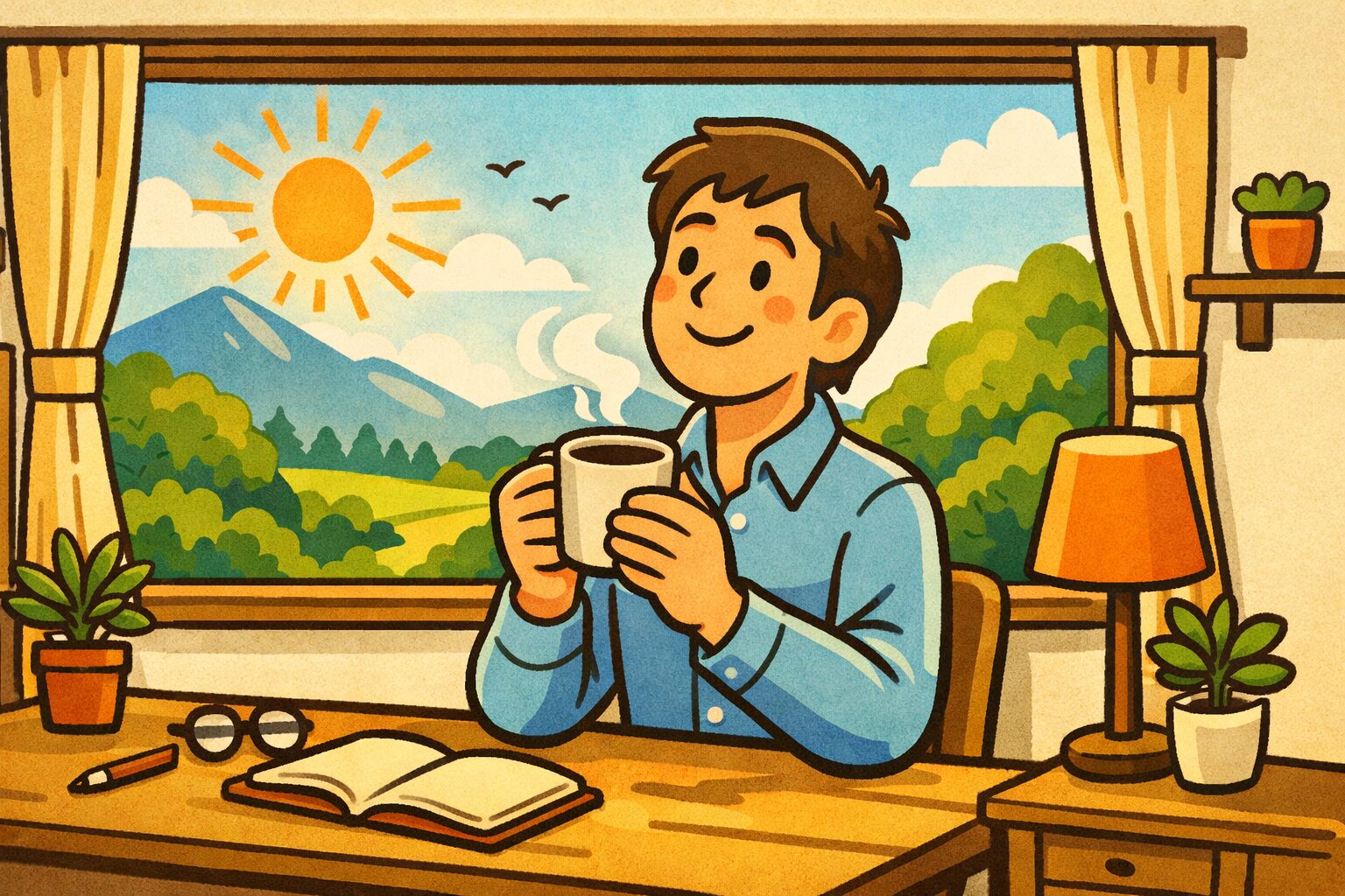 朝の光が差し込む部屋でコーヒーを飲みながらリラックスし、気分をリフレッシュして前向きな気持ちになっている人物のイラスト