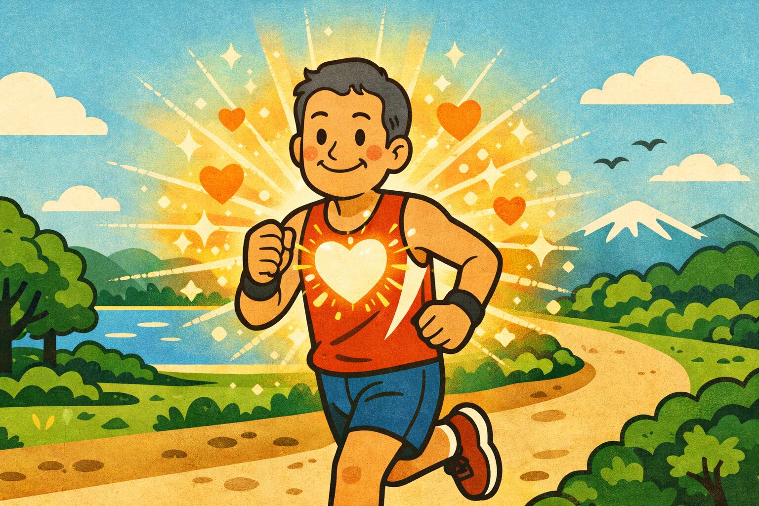 青空の下で健康的にマラソンを走る中高年男性ランナーと、心臓の健康や活力を象徴する光のエフェクトを描いた爽やかなイラスト