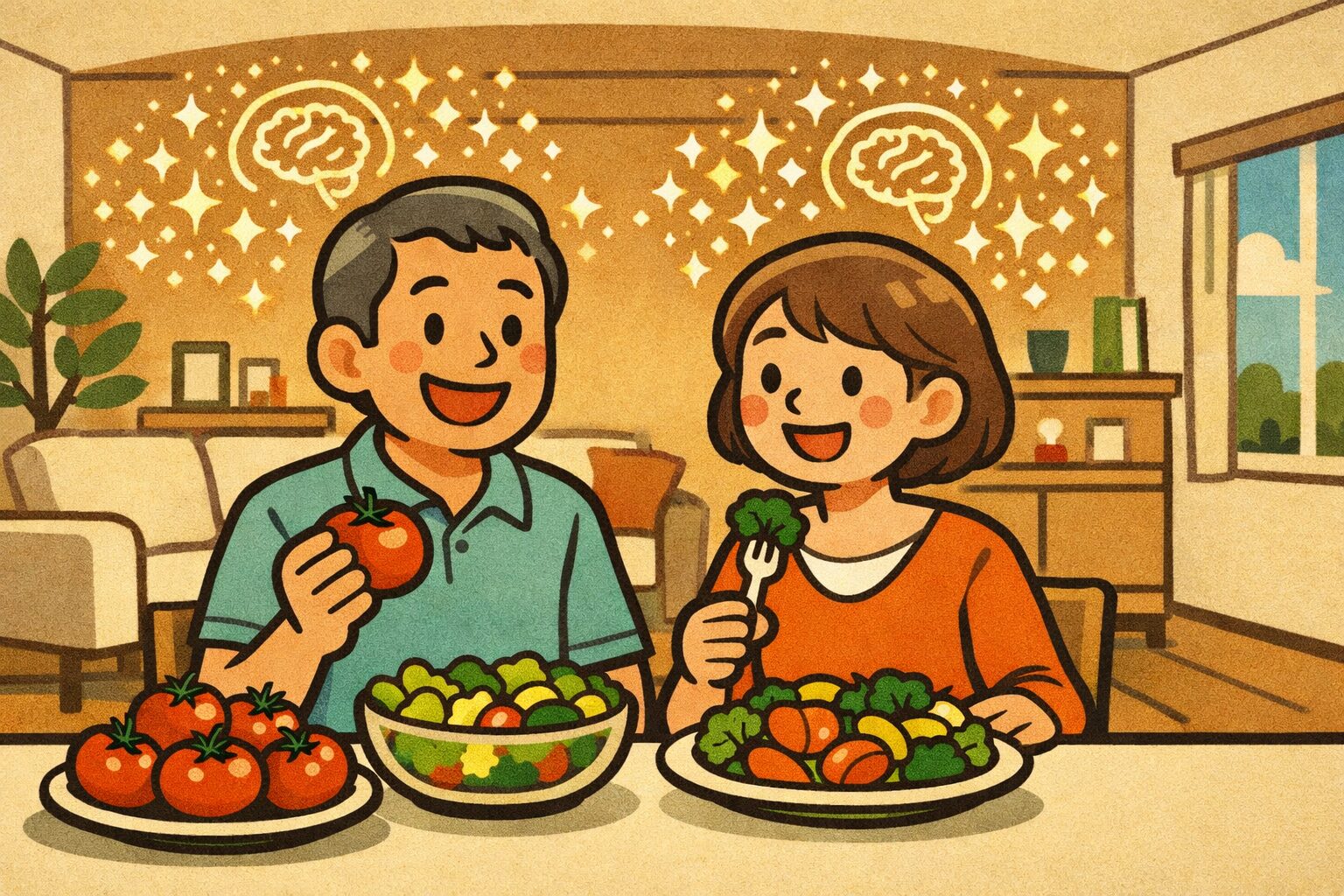 健康的な中高年の男女がトマトや緑黄色野菜を楽しみながら食事をする様子と、脳の健康や集中力向上を象徴する光のエフェクトを描いた健康的な食生活のイラスト