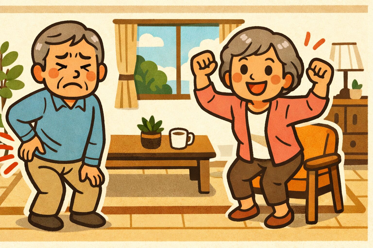 椅子から元気に立ち上がる高齢女性と腰痛で腰を押さえる男性の対比イラスト｜シニアの筋力低下と腰痛予防を表現