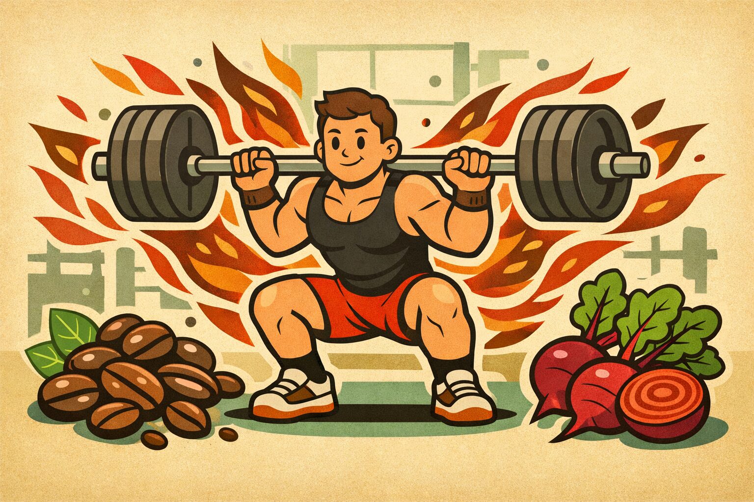 ジムでバーベルスクワットを行う筋肉質の男性とカフェイン（コーヒー豆）とビートを象徴するトレーニングパフォーマンス向上のイラスト