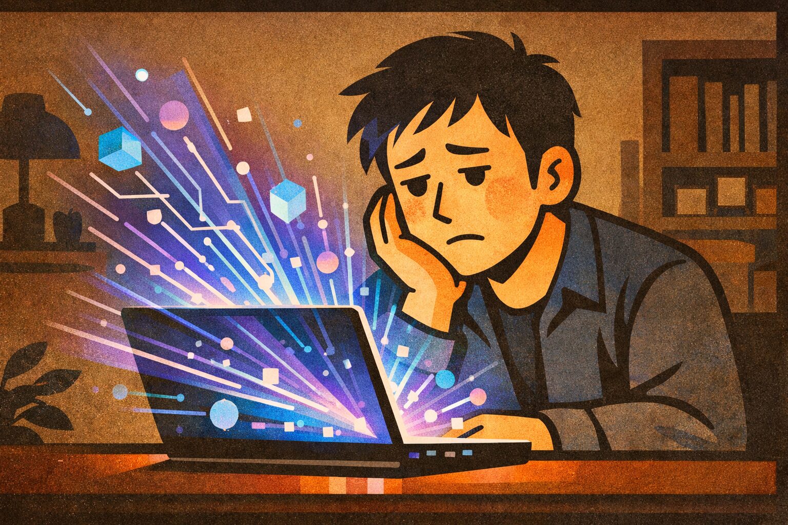生成AIの光に照らされたノートパソコンを見つめながら、疲れた表情で悩む大人の男性。AI時代の仕事ストレスとメンタル疲労を象徴するイラスト。