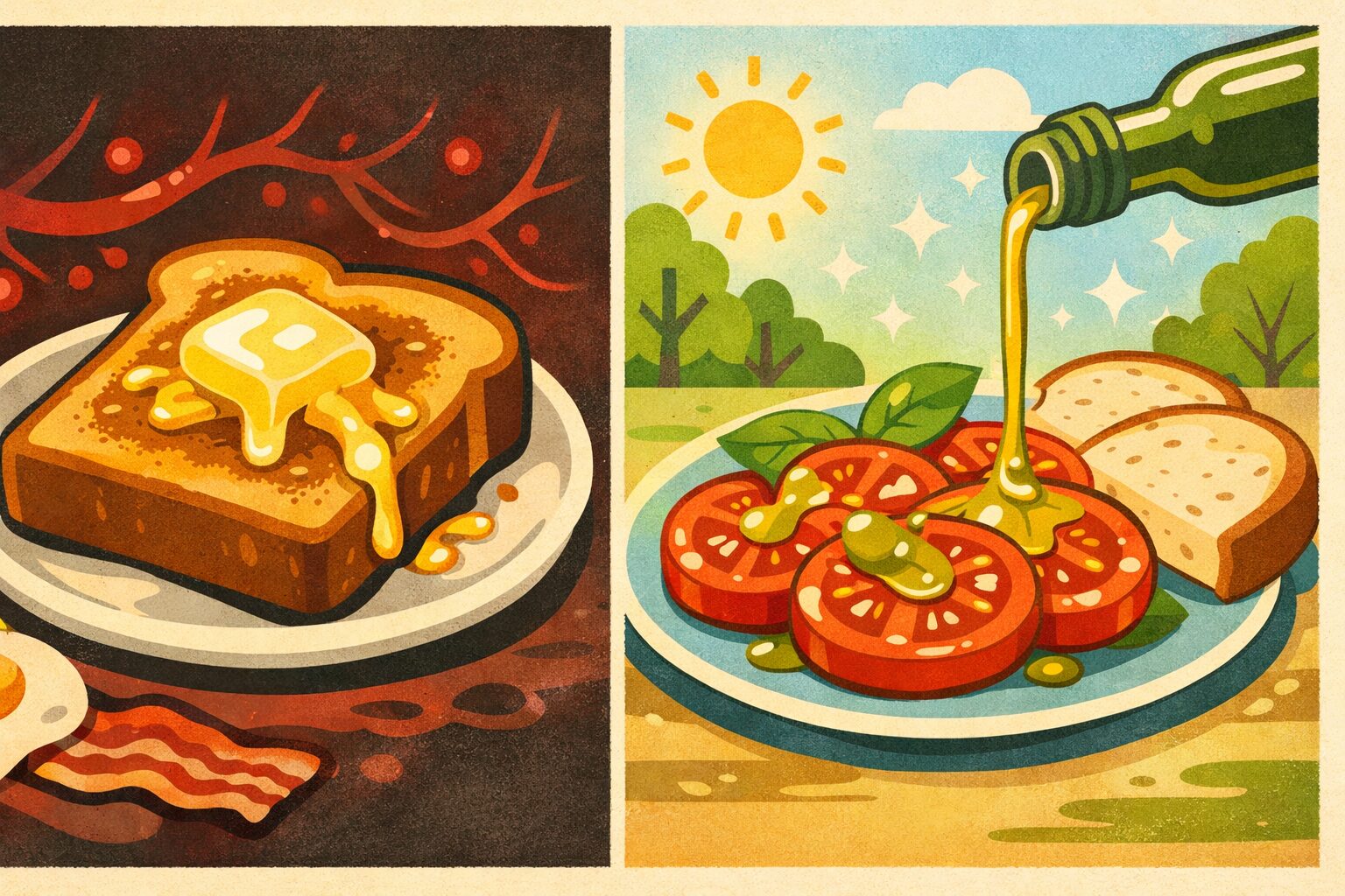 バターを塗ったトーストとオリーブオイルをかけたトマトとパンを対比し、脂質の質の違いと地中海食の健康効果を表現したイラスト