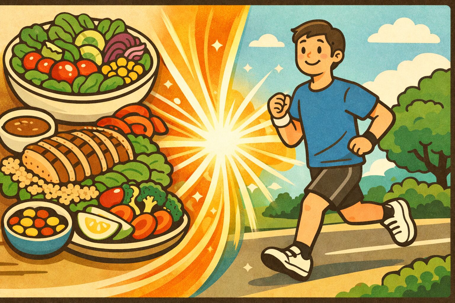 健康的な食事とジョギングを組み合わせた生活習慣の相乗効果を表すイラスト。サラダやグリルチキンなどのヘルシーメニューと、爽やかに走る人物が対比されている。