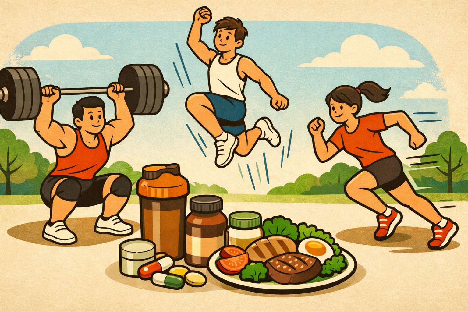 アスリートの筋力・ジャンプ力・スプリント能力とサプリメントや食事によるパフォーマンス向上の関係を示したイラスト