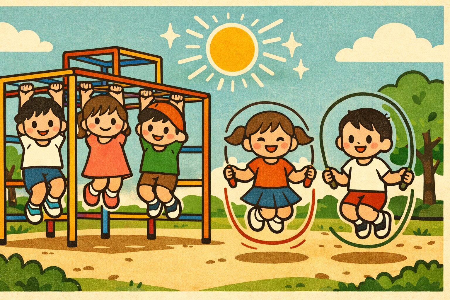 青空の公園でジャングルジムや縄跳びを楽しむ子供たちのイラスト|運動・筋力・ジャンプ力向上のイメージ