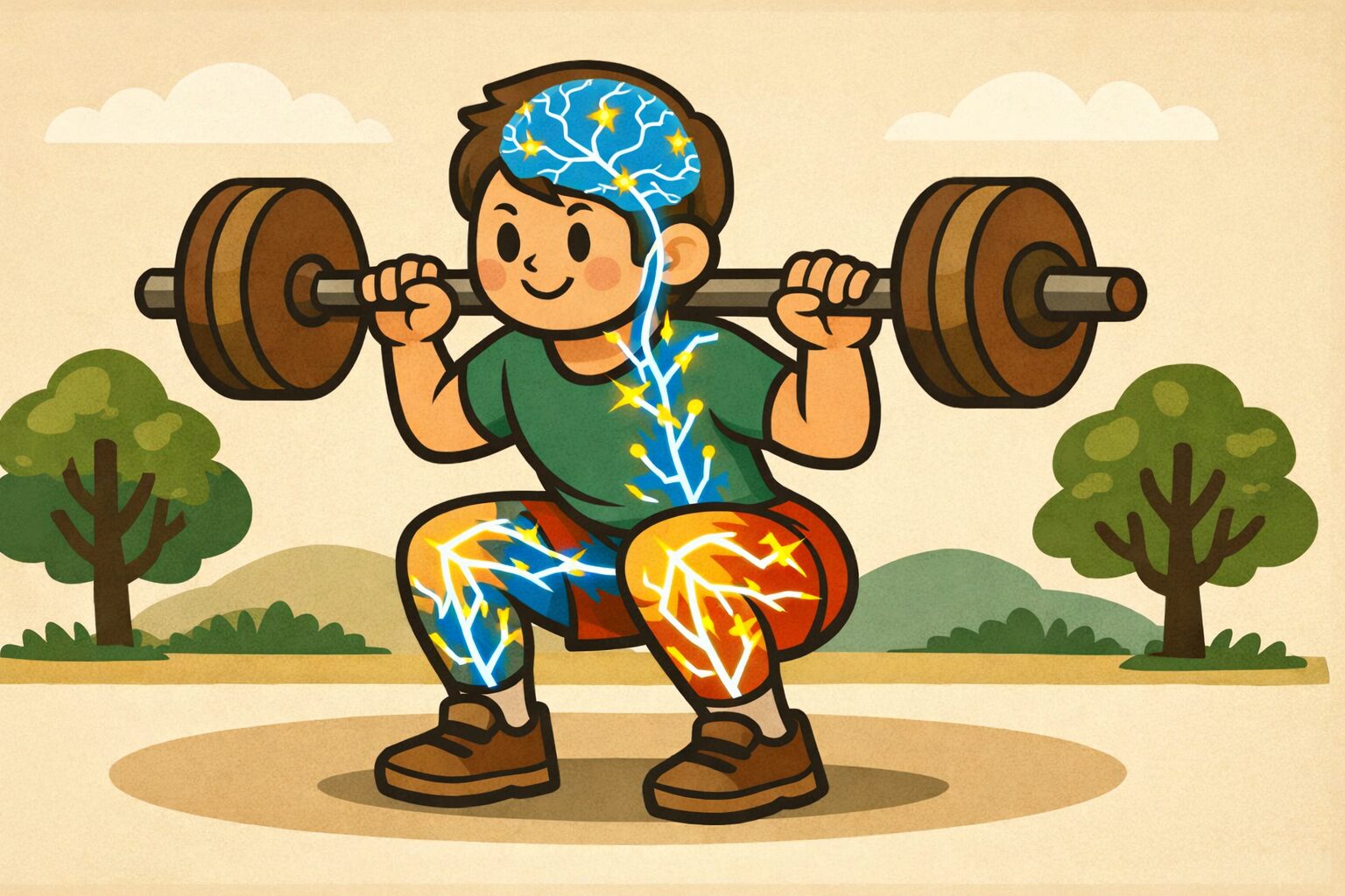バーベルスクワット中に脳から太ももへ神経信号が伝わる様子を示した筋トレと神経適応のイラスト