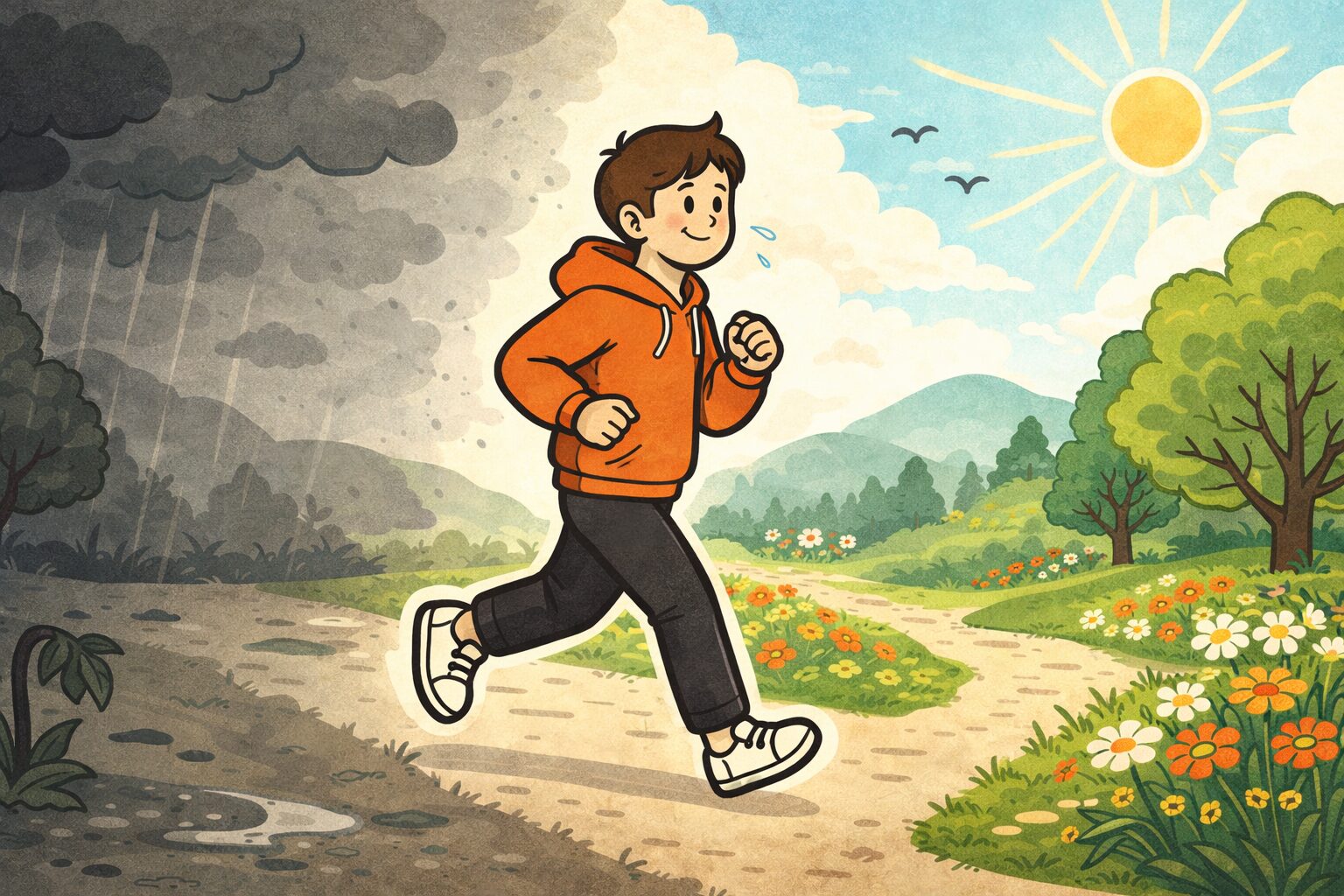 運動によってメンタルヘルスが改善し、暗い状態から明るい状態へ回復していく様子を表したイラスト