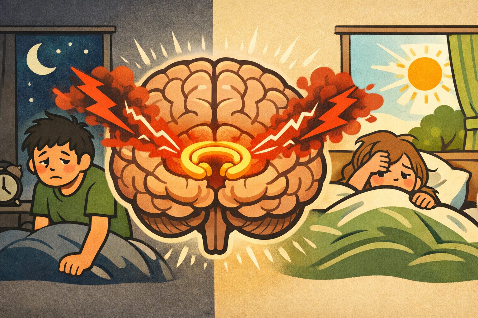 睡眠リズムの乱れが脳や海馬にダメージを与えることを示す対比イラスト（早朝覚醒と朝起きられない状態）