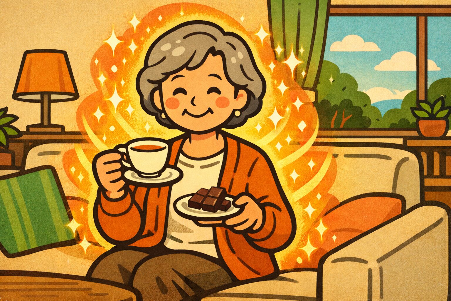 ダークチョコレートと紅茶を楽しむ中高年女性の健康的なリラックスシーンと代謝アップをイメージしたイラスト