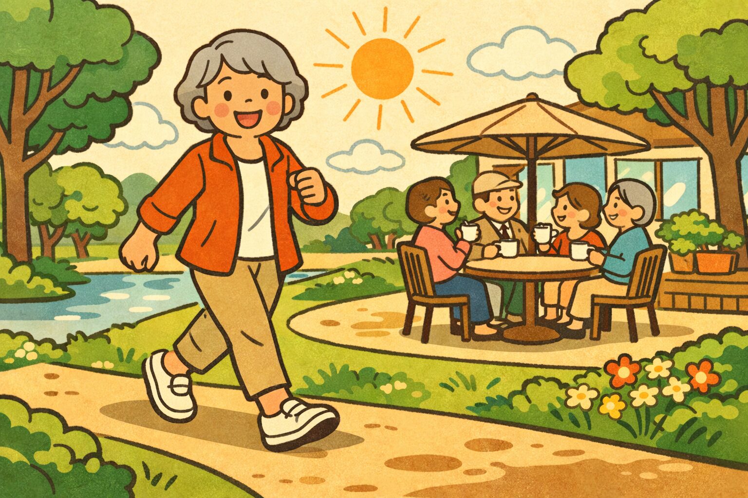 定年後も健康で活動的に過ごすシニア女性が公園を歩き、友人と交流する明るい老後生活のイメージ