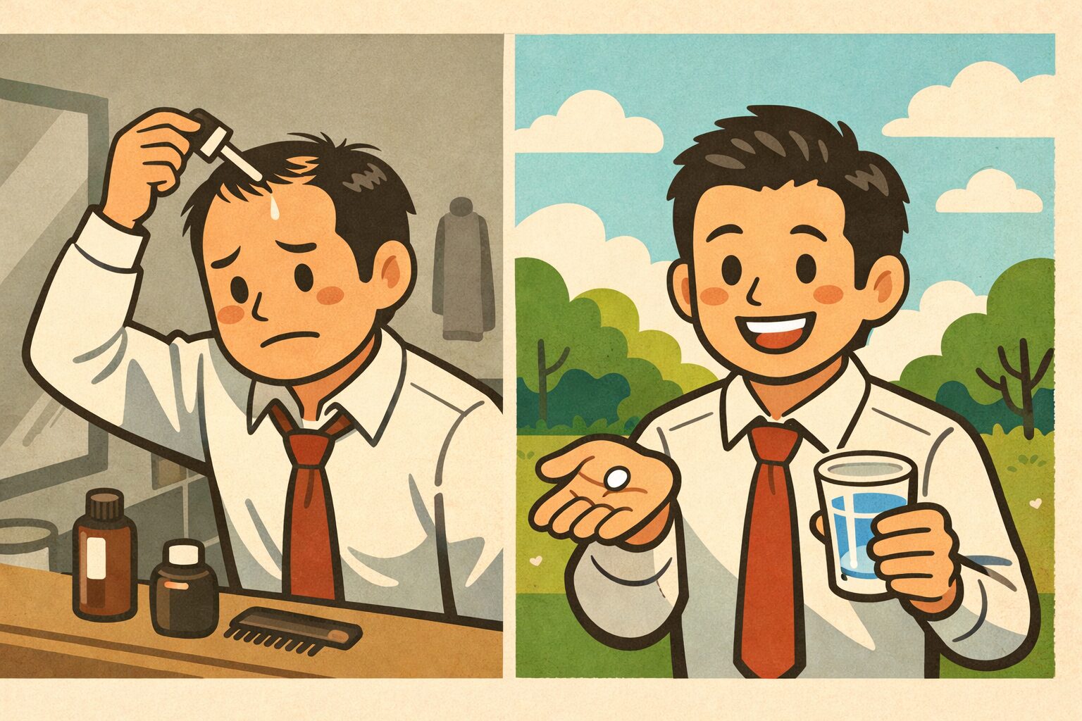 薄毛に悩み頭皮に育毛剤を使う男性と、内服薬で簡単にケアし健康的でボリュームのある髪を手に入れた男性の比較イラスト
