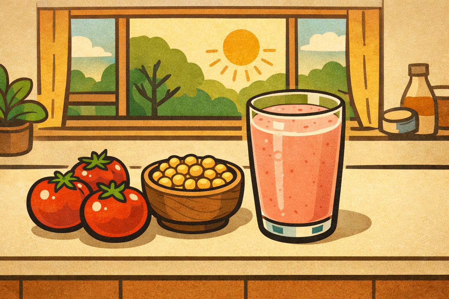 トマトと大豆、豆乳スムージーを並べた健康的な朝食イメージ。抗炎症作用が期待される食材をテーマにした栄養イラスト