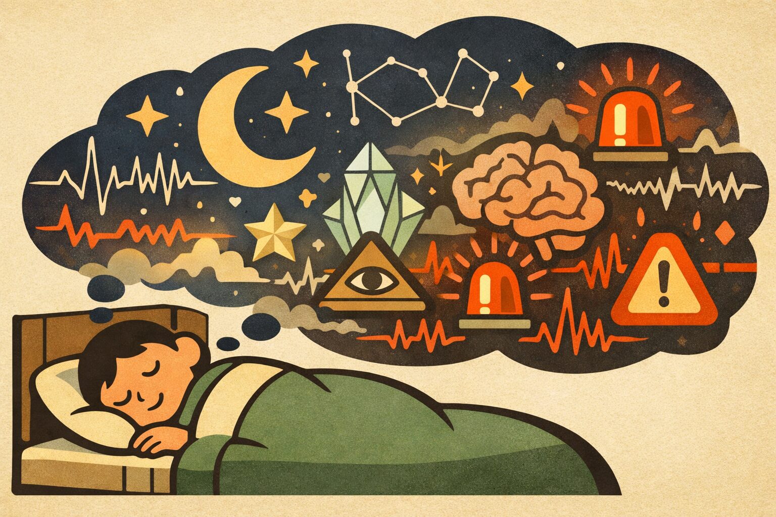 夢占いにとらわれる睡眠中の人物と、脳波の乱れや警告サインを象徴するイラスト（睡眠障害の兆候を示唆）