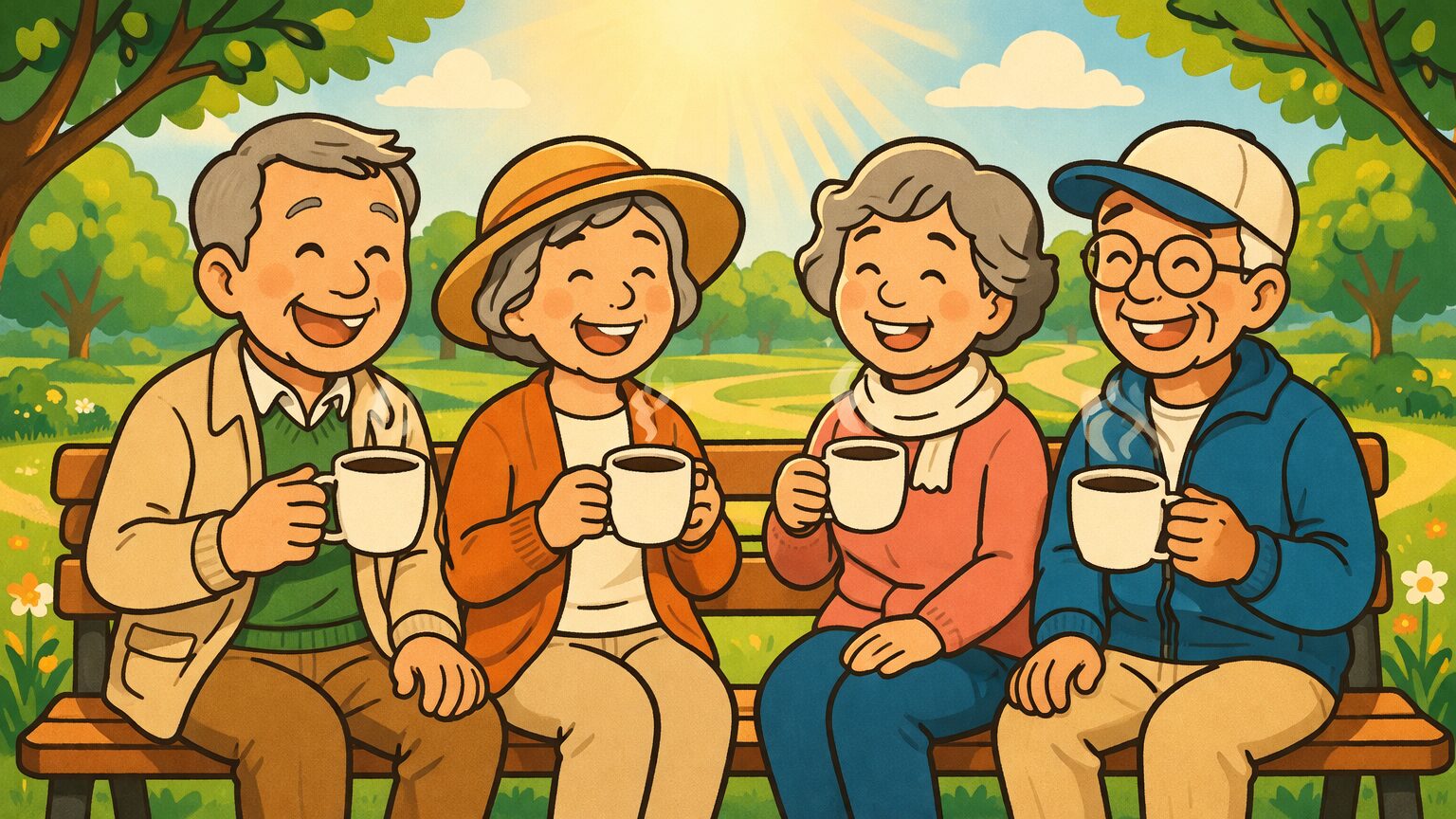 晴れた公園でコーヒーを楽しむ健康的で笑顔のシニア男女、活力と健康長寿を象徴するイラスト