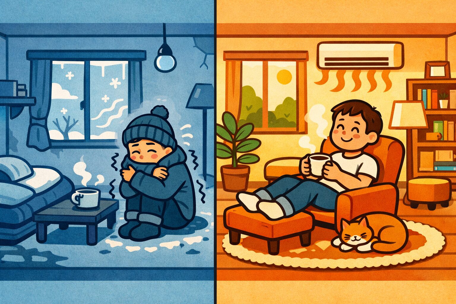 寒い賃貸アパートと暖かいマンションの室内環境を左右比較し、温度差と健康への影響を示したイラスト