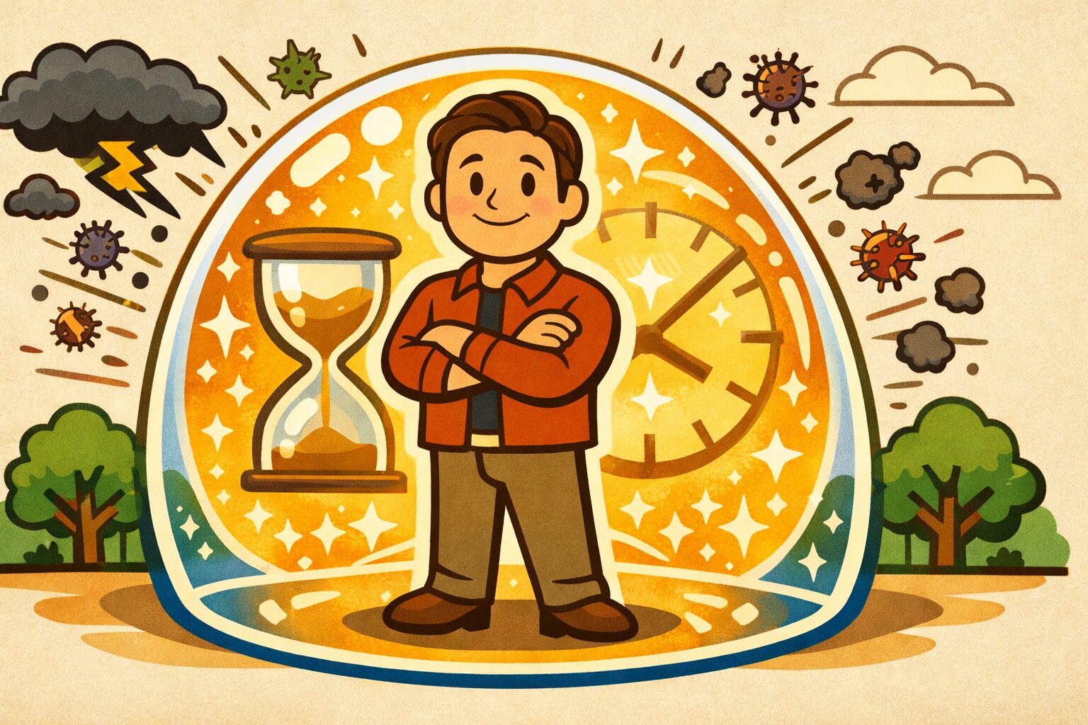 免疫力と回復力を高めるイメージの中高年男性が、ウイルスやストレスから守られるシールドに包まれている健康コンセプトイラスト