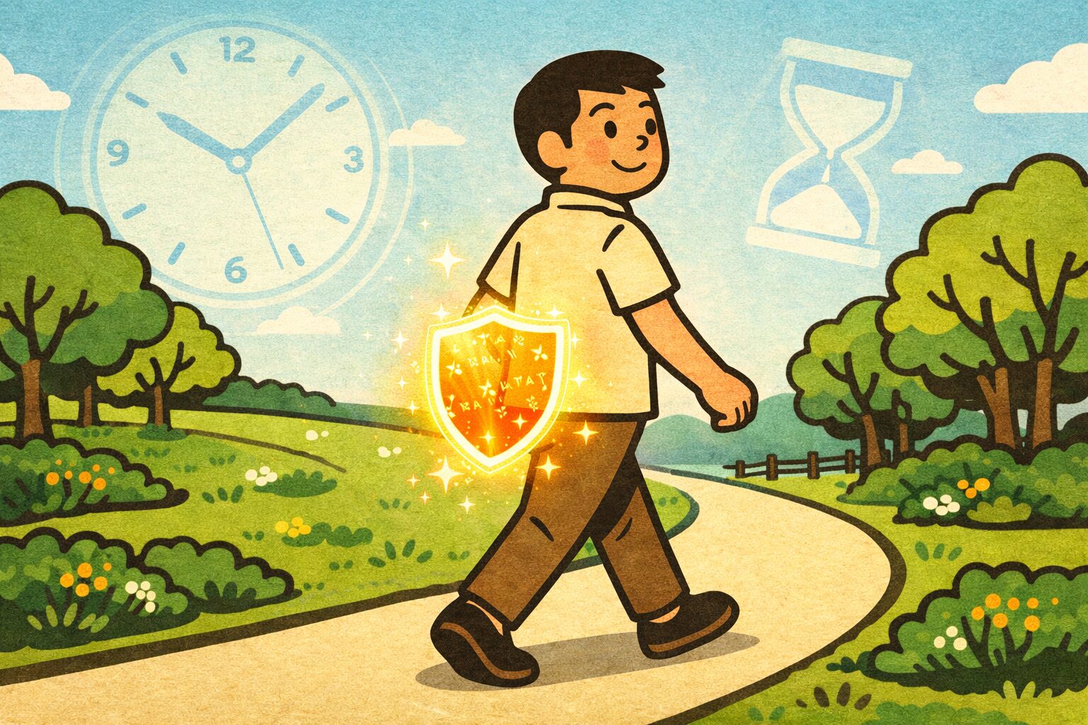 腰痛予防のために公園でウォーキングする中高年男性と、腰を守るイメージのシールドと時間の重要性を示す時計のイラスト