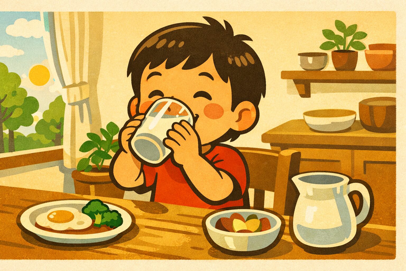 朝のダイニングでミルクを飲む笑顔の幼児|子供の成長と免疫力を支える理想的な栄養バランスのイメージイラスト