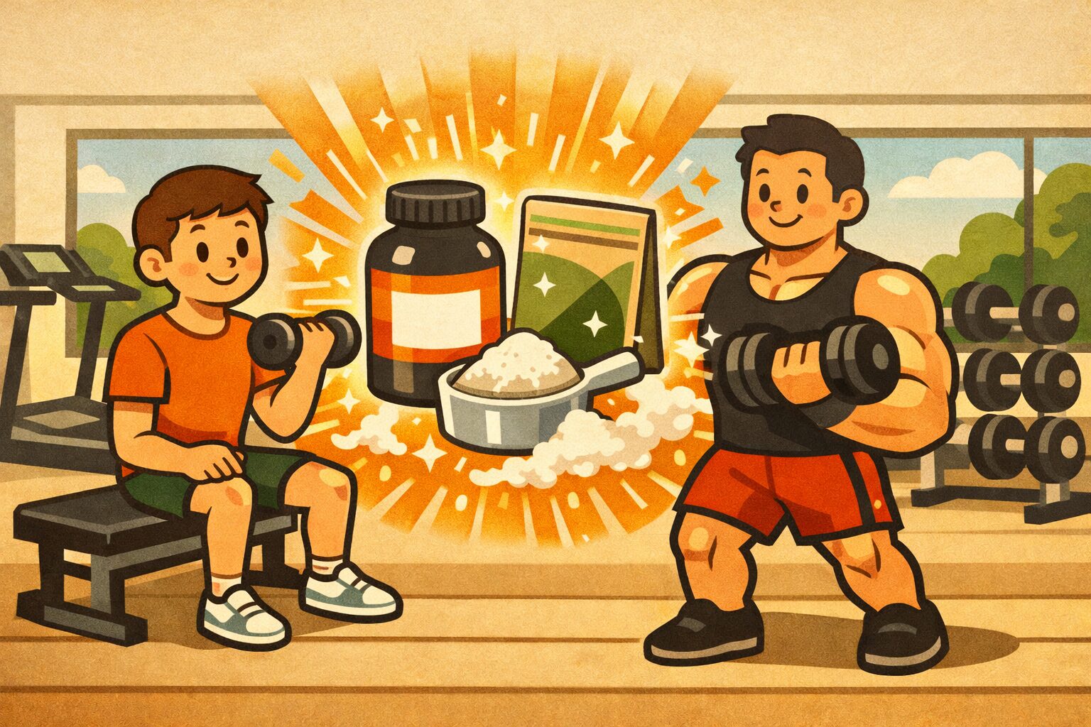 ジムで筋トレをする初心者と経験者の男性とクレアチンサプリメントを象徴するボトルとパウダーのイラスト