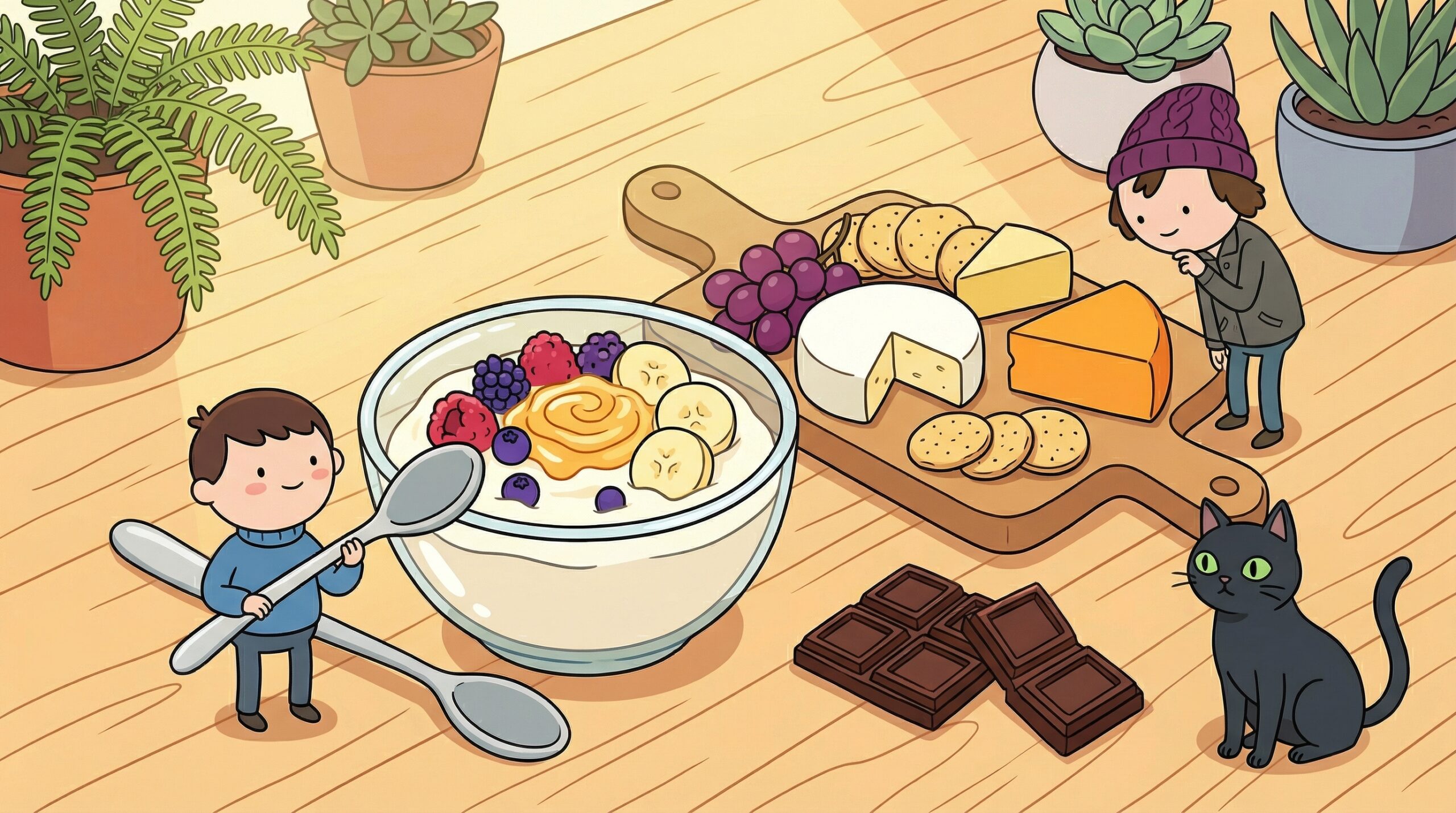 ヨーグルトとフルーツ、チーズ、ダークチョコレートを木製テーブルに並べた健康的な朝食のイメージ