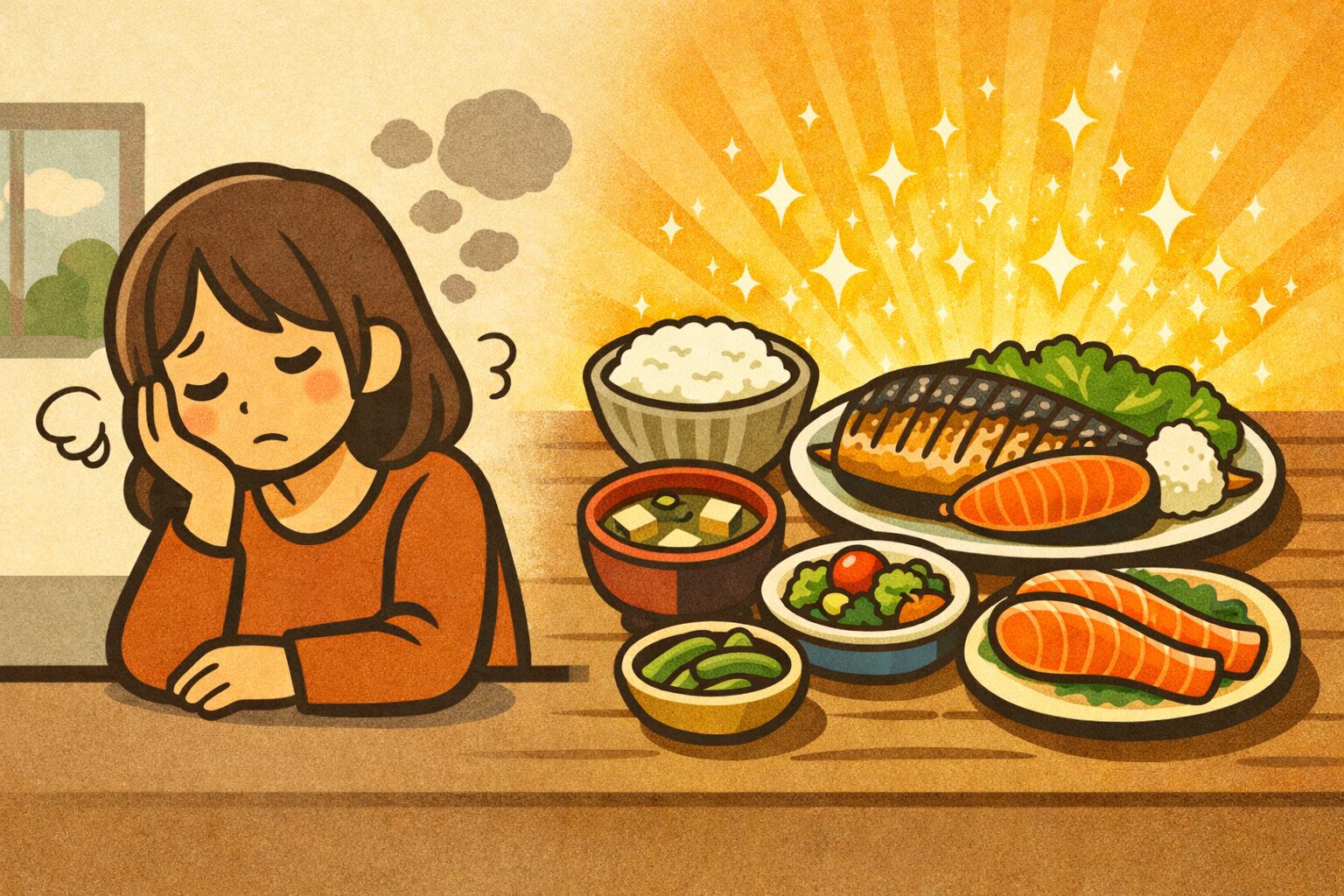 原因不明の疲労やブレインフォグに悩む女性と、栄養豊富な魚料理による回復イメージのイラスト