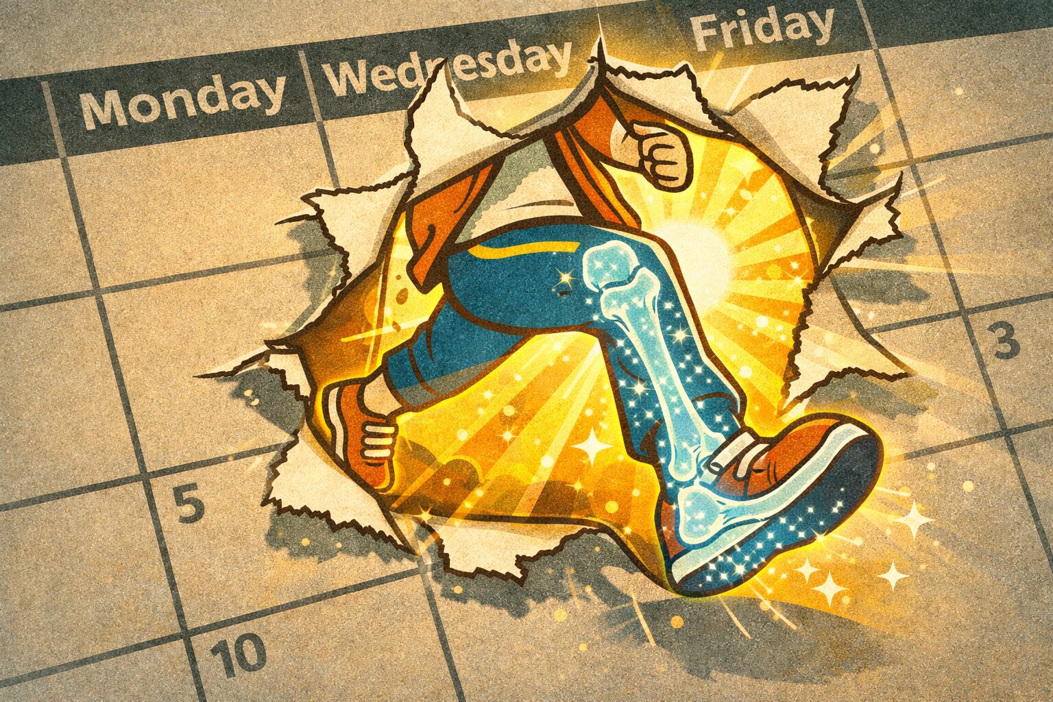 週末に運動することで骨密度が向上する様子を表現したイラスト。平日のカレンダーを破って飛び出す人物とX線で描かれた太ももの骨が強化されている様子