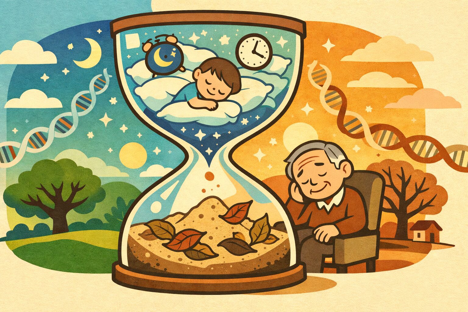 睡眠と老化の関係を示す砂時計のコンセプトイラスト｜深い睡眠は若返り、過剰な昼寝は老化を促進するイメージ