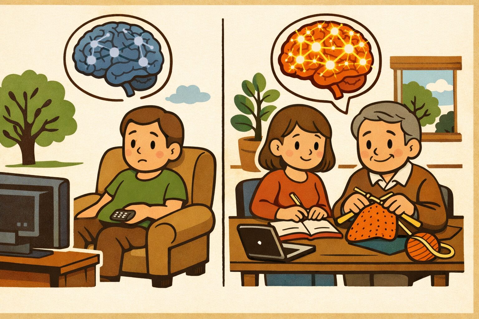 受動的な座り方と能動的な作業の違いによる脳の活性化を比較した医療イラスト|認知機能低下と認知症予防の関係