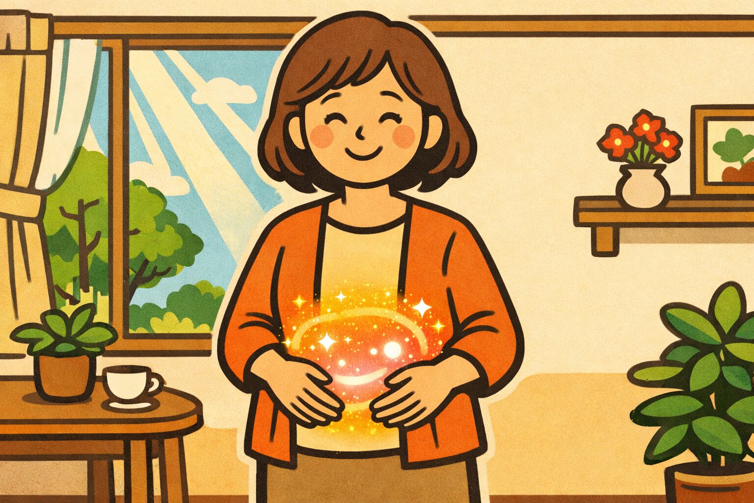 プロバイオティクスによる腸内環境改善を象徴する、穏やかな笑顔の女性がお腹に手を当てて温かい光に包まれているイラスト