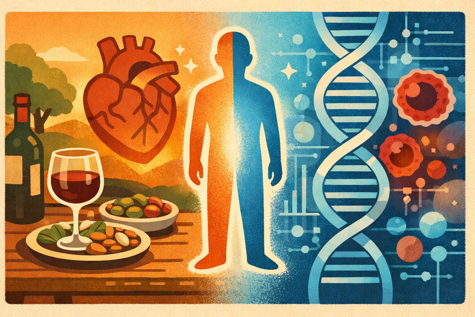 アルコールの健康効果とリスクを対比したイラスト。赤ワインと地中海食が心臓の健康を象徴する左側と、DNAや細胞変異を示す右側が対比され、個別化医療の重要性を表現。