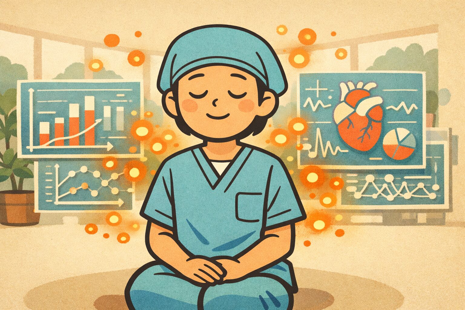 マインドフルネスで深呼吸する医療従事者と、感謝やメンタル回復を象徴する光に包まれたリラックス空間のイラスト