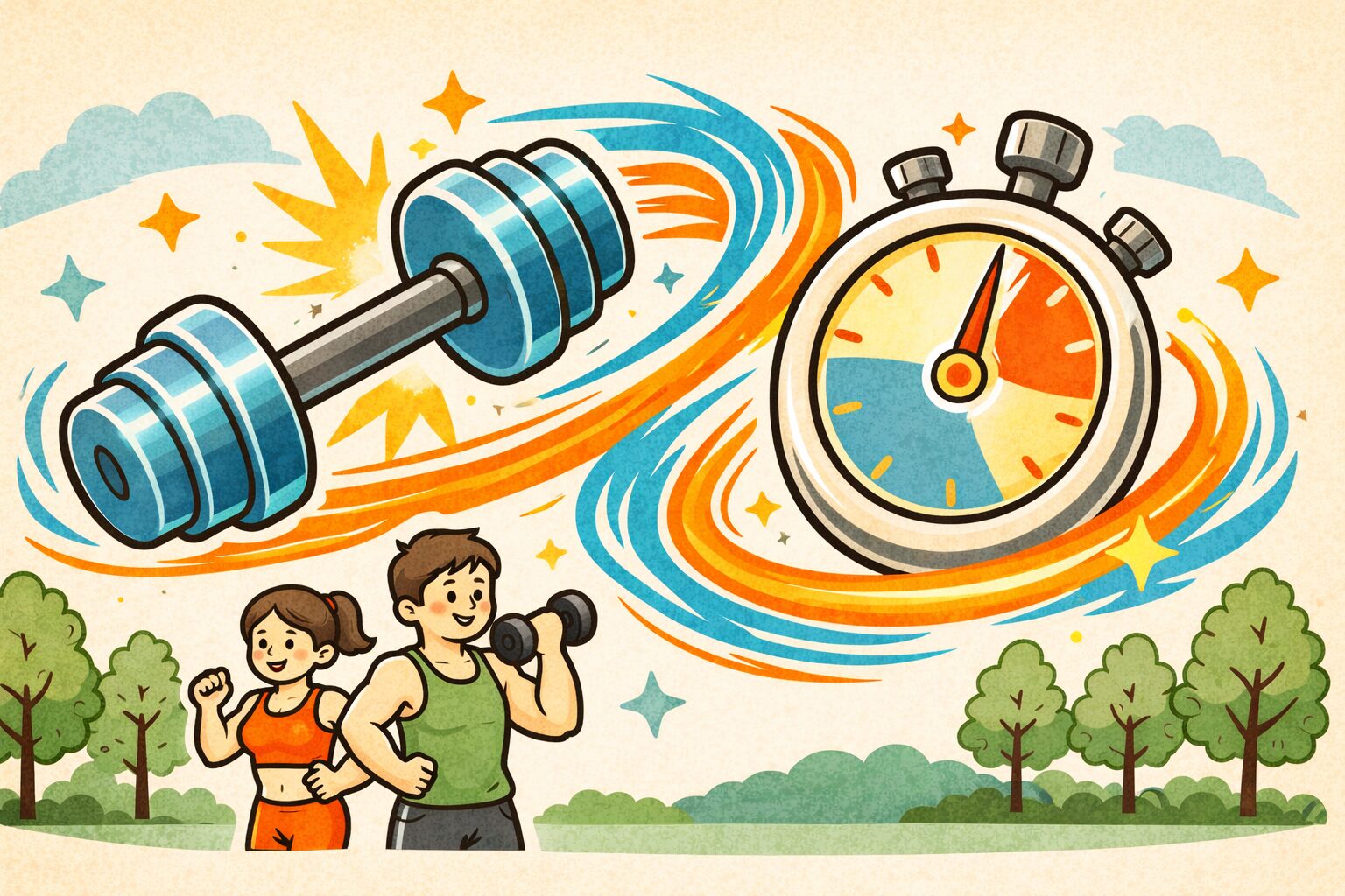 筋トレとHIITを組み合わせた運動効果を示すダンベルとストップウォッチのイラストと運動する男女