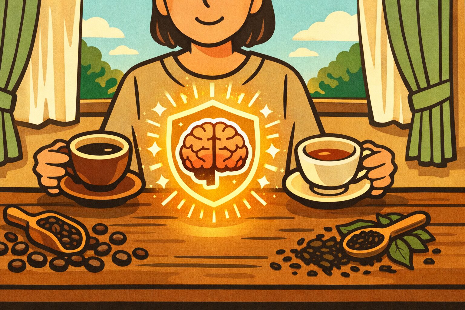 コーヒーと紅茶を両手に持つ人物と、脳の健康を象徴する発光する脳アイコンの朝のイラスト