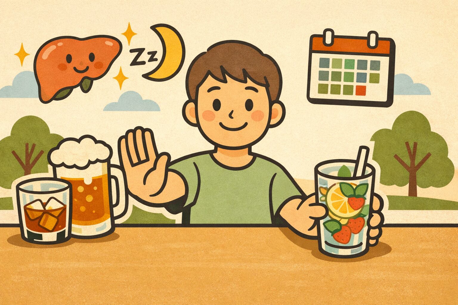 ドライジャニュアリーや休肝日で禁酒を実践し、フルーツウォーターを選んで肝機能や睡眠改善の健康効果を得る人物のイラスト