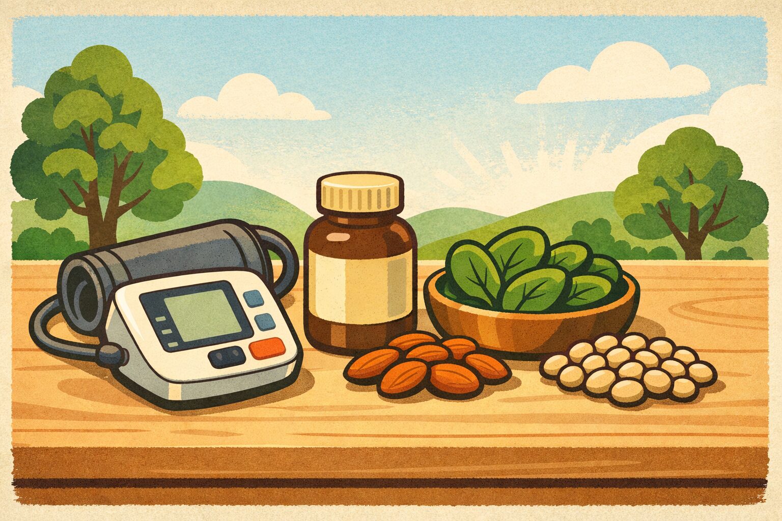 血圧計とマグネシウムサプリメント、アーモンド・ほうれん草・大豆を並べた健康的な生活習慣を示すイラスト