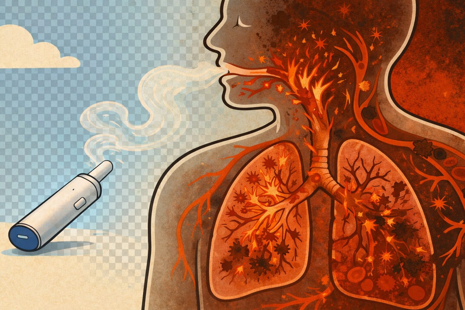 加熱式タバコの蒸気が人体に入り、肺や血管で炎症や酸化ストレスを引き起こす様子を示した医療イラスト