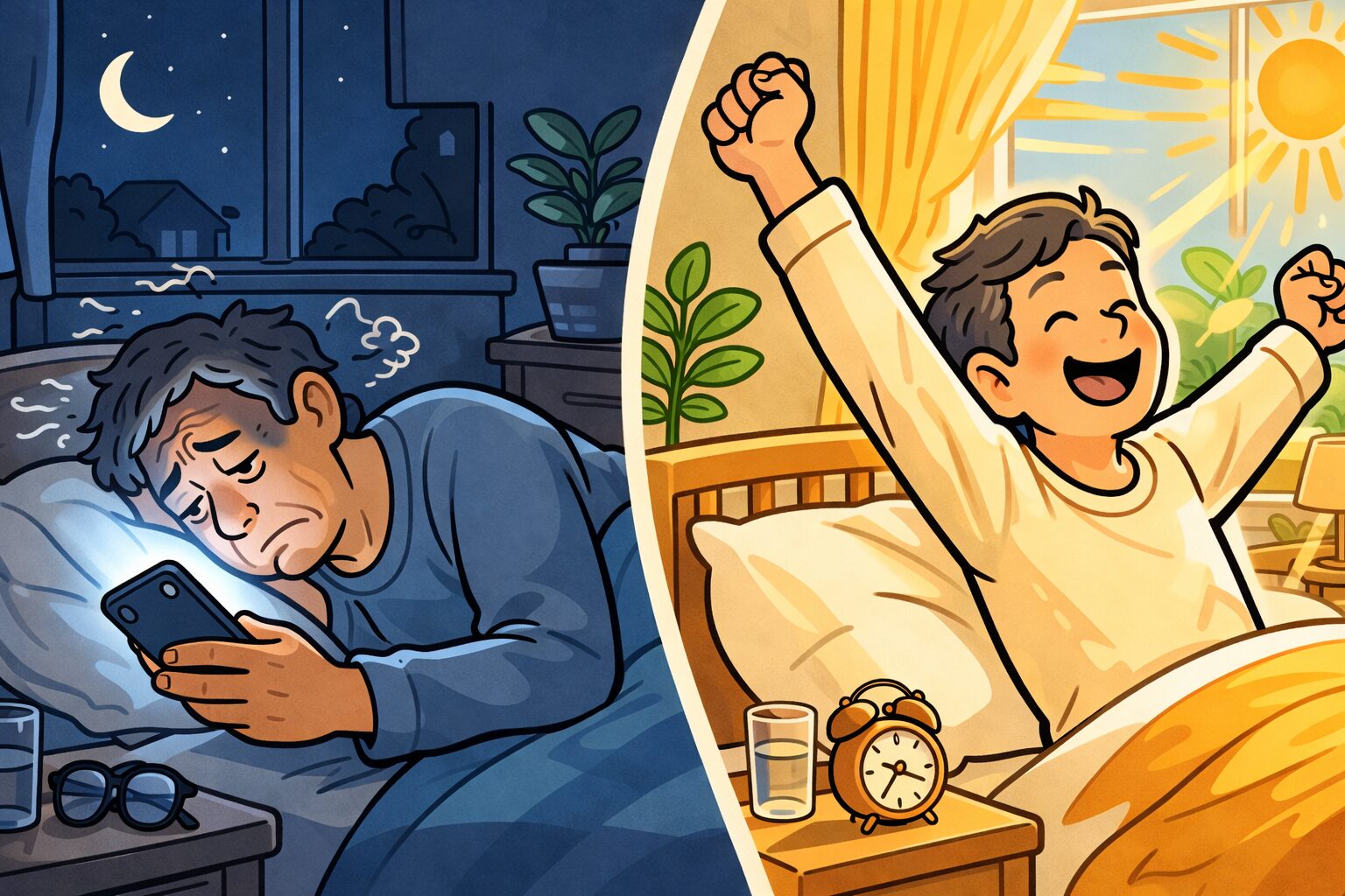 就寝前のスマホによる悪い睡眠で衰える姿と、良質な睡眠で元気に目覚める姿の対比。睡眠の質とフレイルの関係。