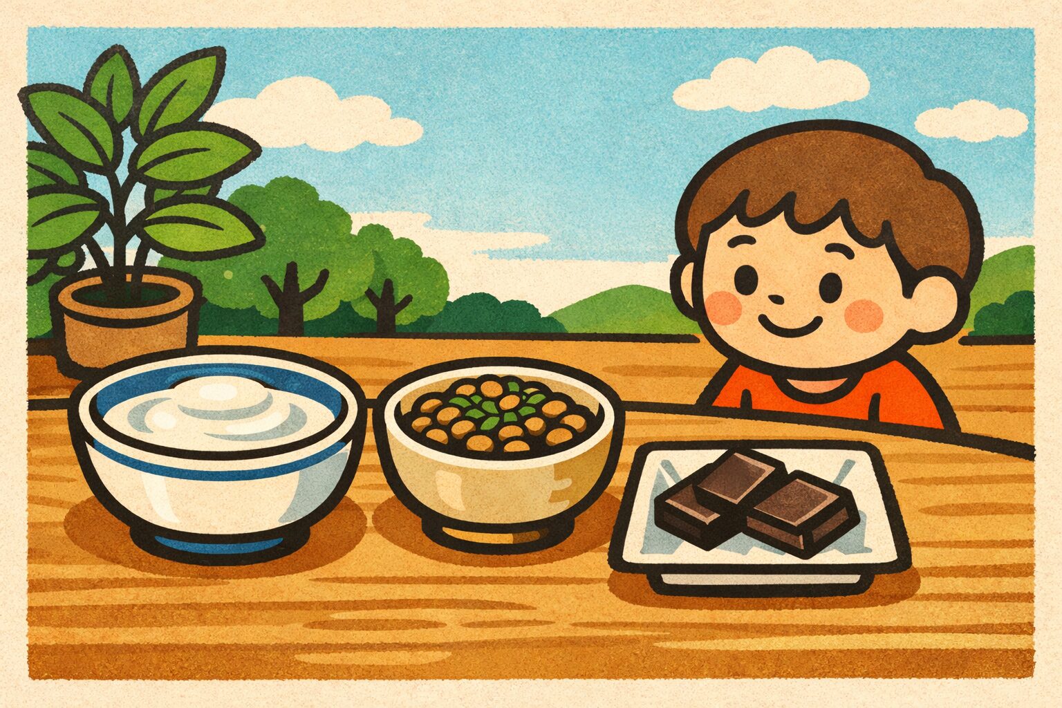 ヨーグルトと納豆とダークチョコレートが木製テーブルに並んだ、健康的な発酵食品の朝食イメージ