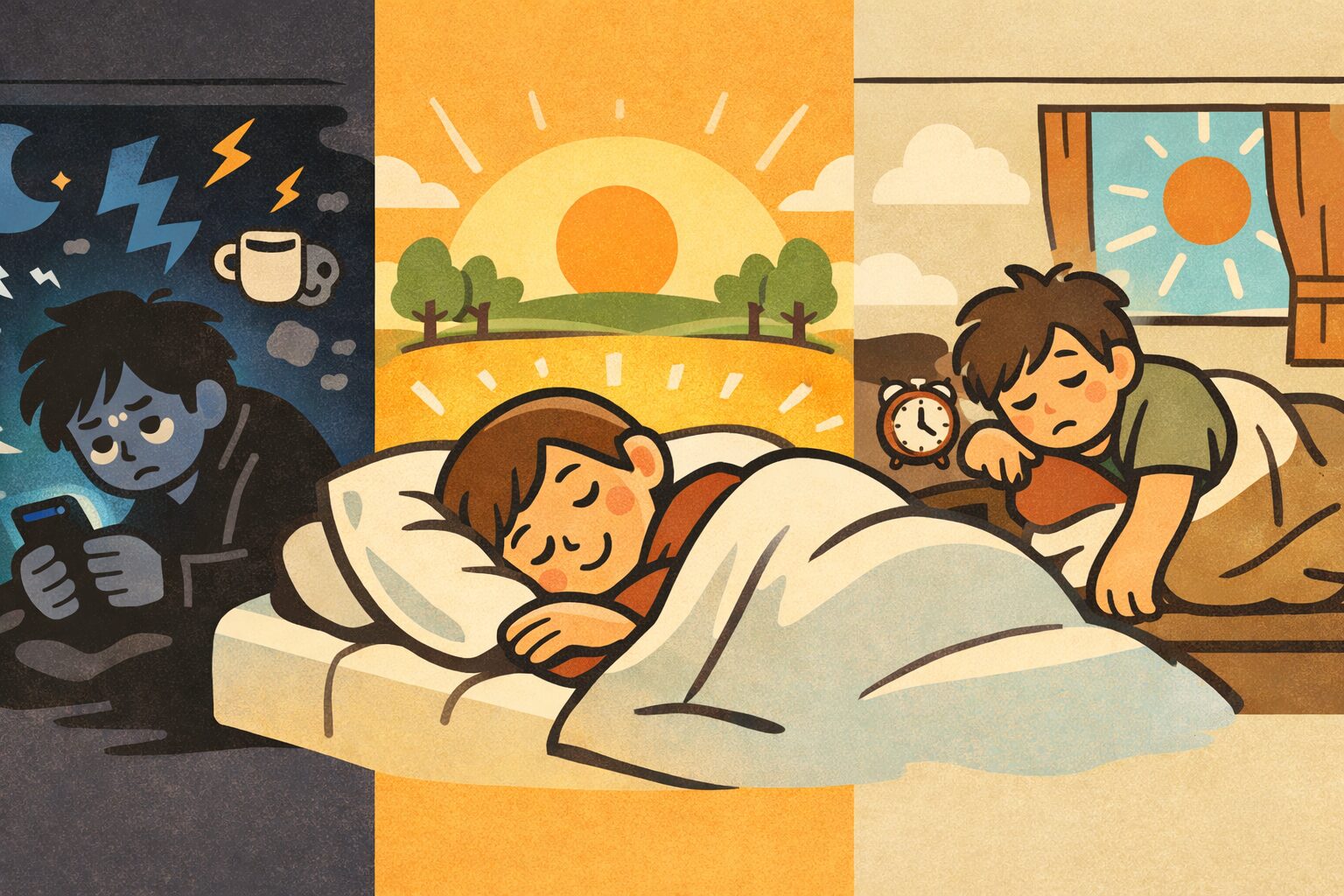 最適な睡眠時間（7〜8時間）と、睡眠不足や寝すぎによる死亡リスク増加の危険性を対比して描いたイラスト